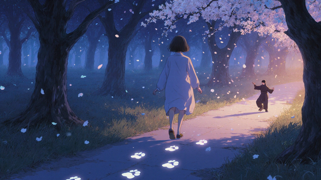 夕暮れの森をゆっくり歩く女性、足元に光の跡が残る