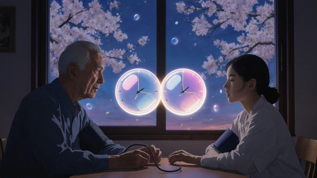 夕暮れのキッチンで血圧を測る高齢の男性と妻、薬のアイコンが離れて浮かぶ。