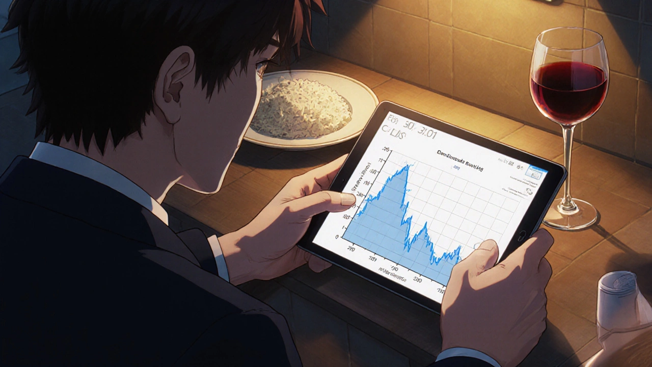 夕暮れのキッチンでCGMの血糖値が急降下する様子、ワインとご飯が光に照らされている。