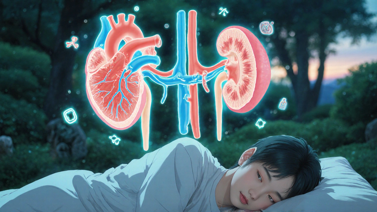 心臓と腎臓が光の線でつながり、薬の効果で保護される様子を描いたアニメ風イメージ。