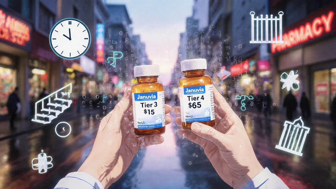 薬剤師が同じ薬でも異なる自己負担額の薬瓶を手にし、PA・ST・QLのコードが光の記号として浮かんでいる。