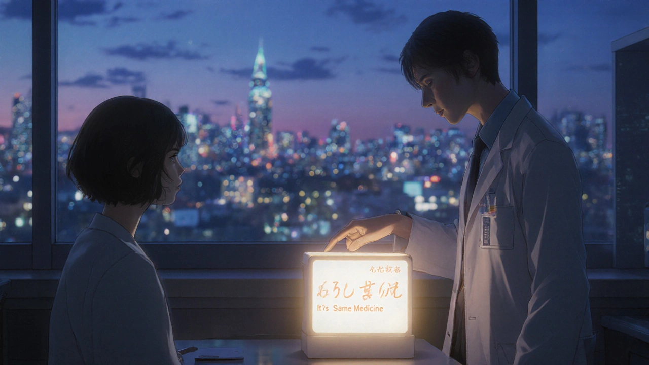 薬剤師が『同じ薬です』と書かれたジェネリック薬を患者に説明する光景。