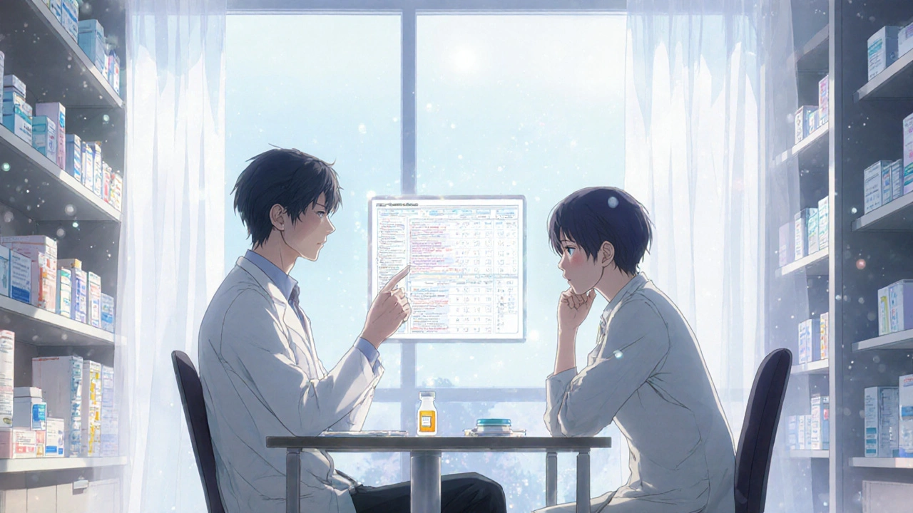 薬剤師と患者が診察室で薬のリストを見ながら話し合っている様子。