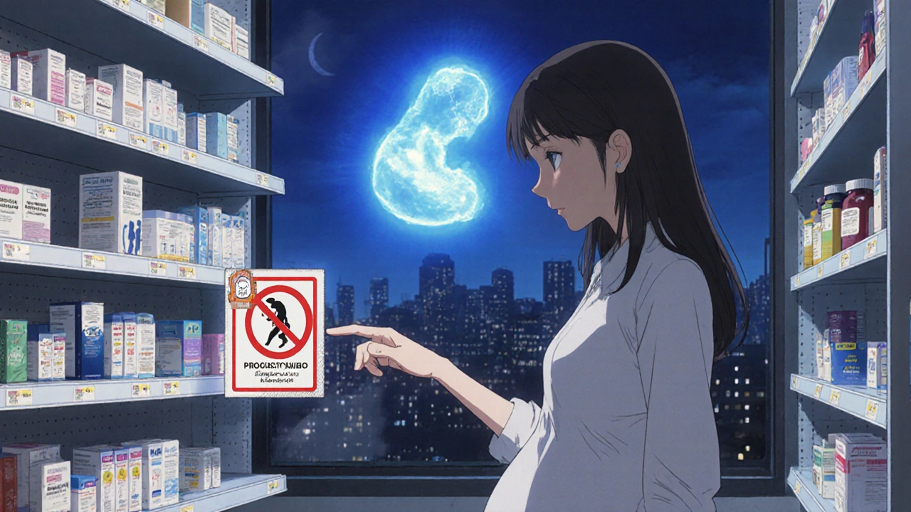 薬局の棚の前でNSAIDsを避けようとする妊娠中の女性と、羊水の超音波画像が浮かぶ情景。