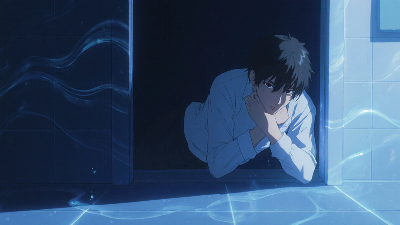 夜、浴室のドアframeに倒れる男性、青い光と血圧低下の波が広がる。