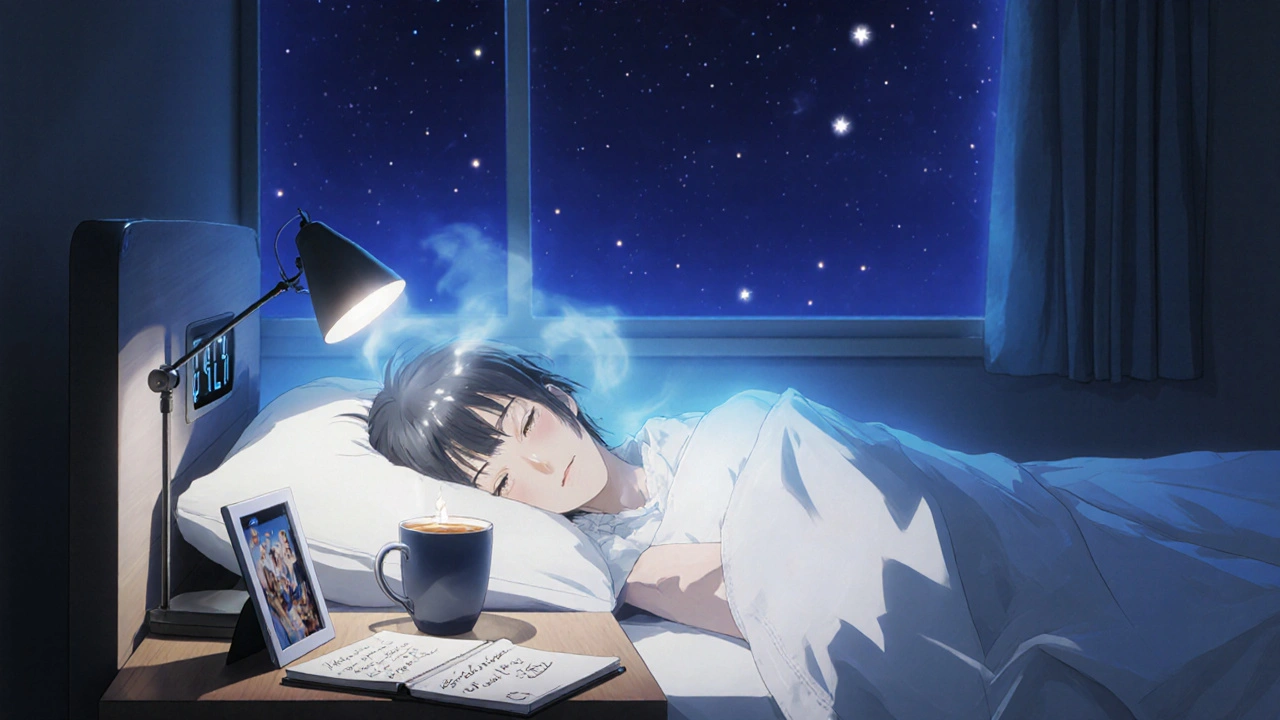 夜の病室で眠るがん患者、星の光が窓から差し込み、安らかな雰囲気。