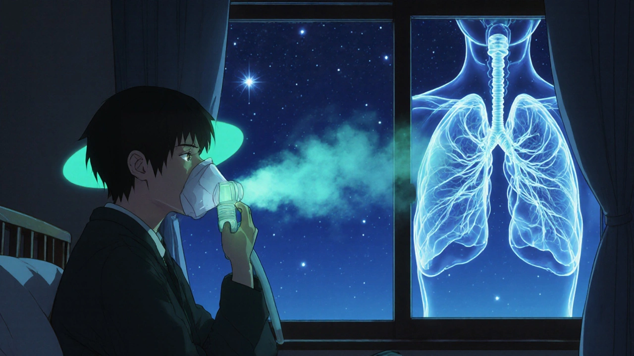 夜の部屋でネブライザーを使用する患者。癒しの青緑色の霧が周囲に広がっている。