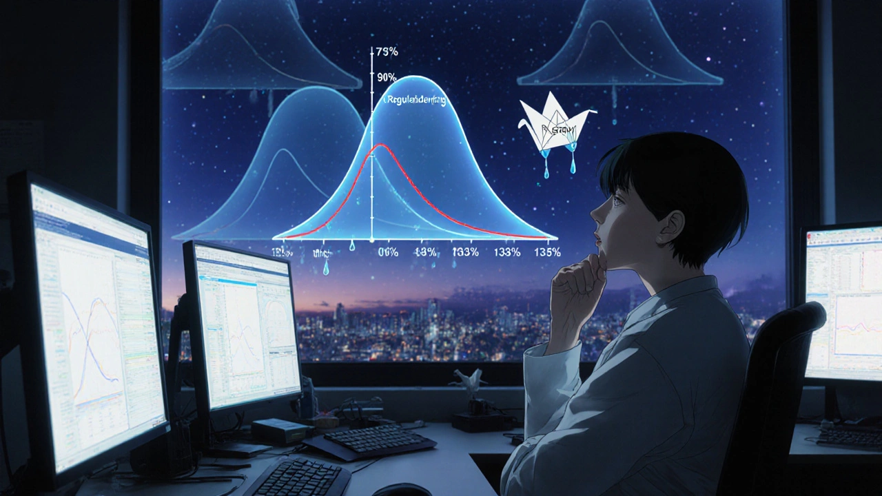 夜の研究室で統計データを眺める研究者と、75～133%の信頼区間を示すホログラム。
