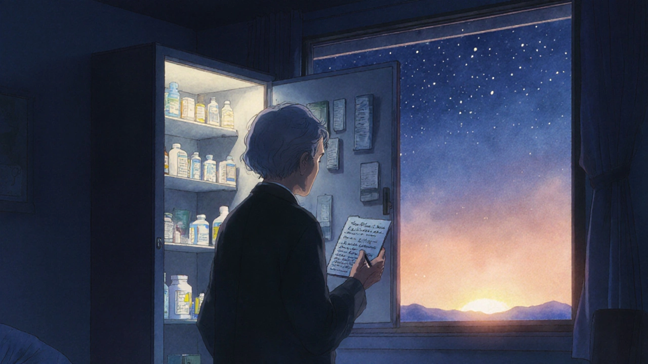 夜の薬箱の前で手帳を持ち、鏡に映る自分の姿を見つめる高齢者の姿。