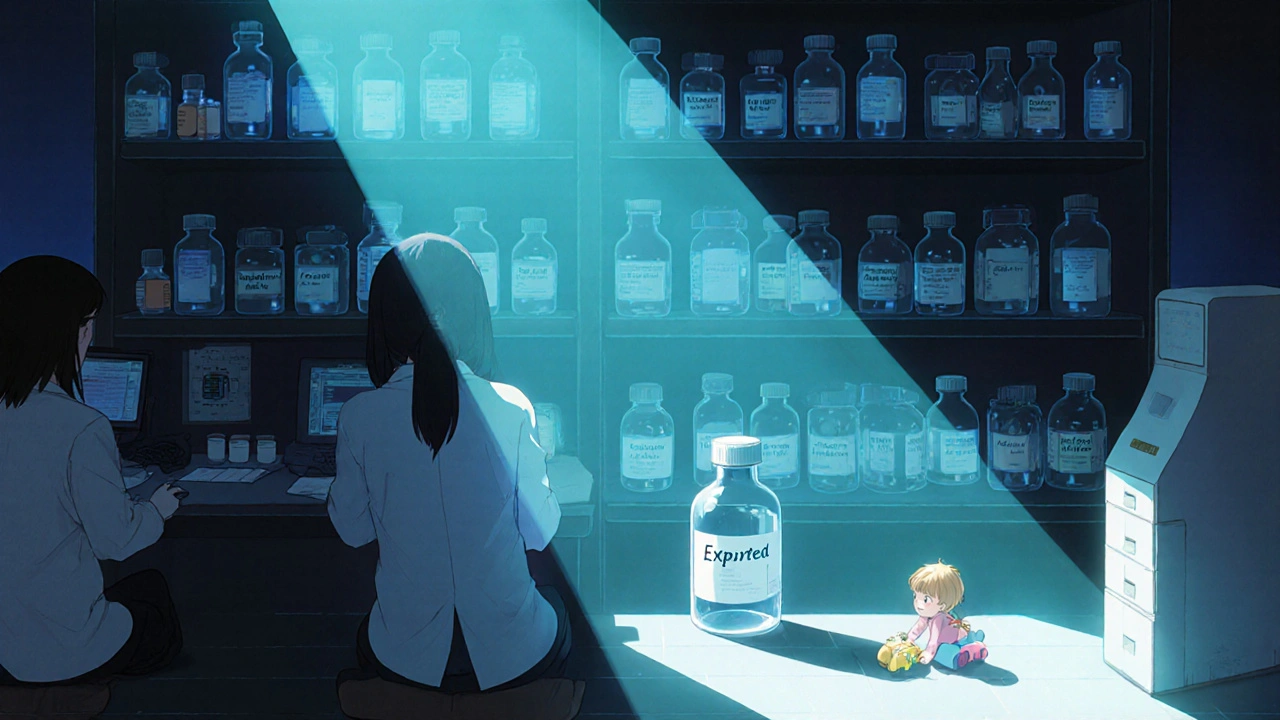 医療研究室で科学者が機械で期限切れ薬を分析し、青い光が薬瓶を照らす様子。