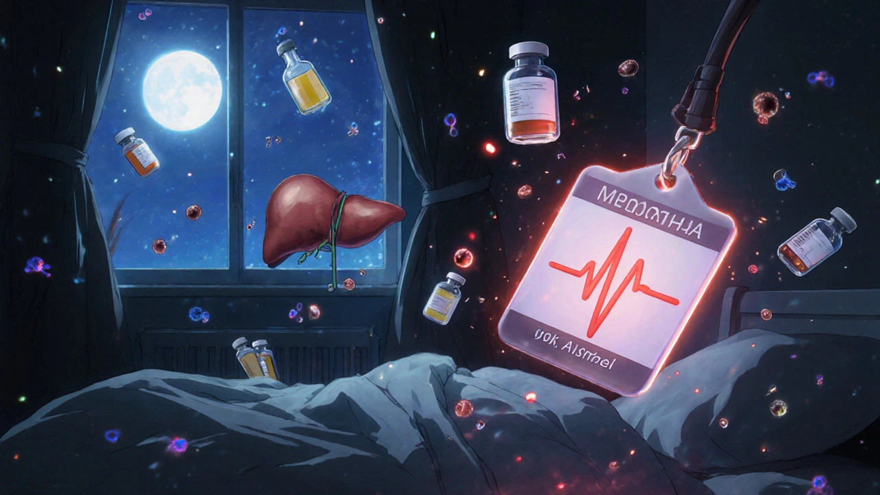 医療IDブレスレットが光りながらインスリンと肝臓の分子と浮遊する、静かな寝室の風景。