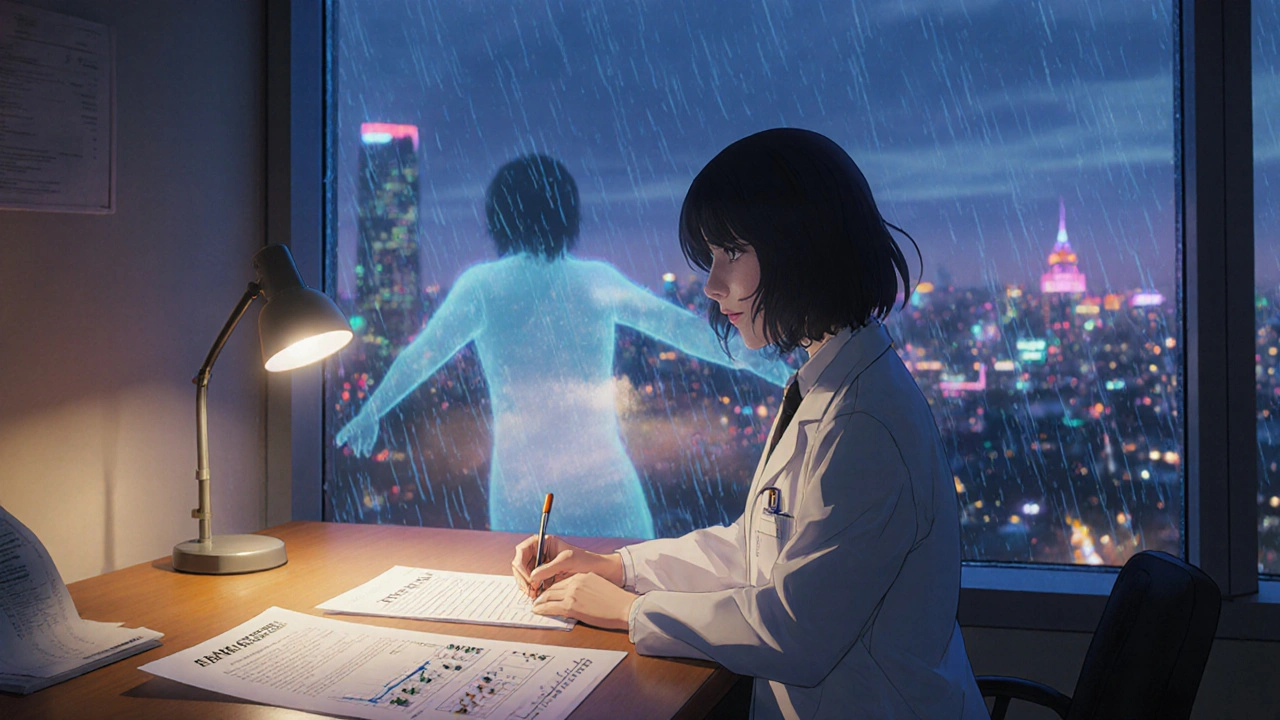 医師が診断書を書き、血中濃度のグラフとFDAガイドラインが桌に置かれている。