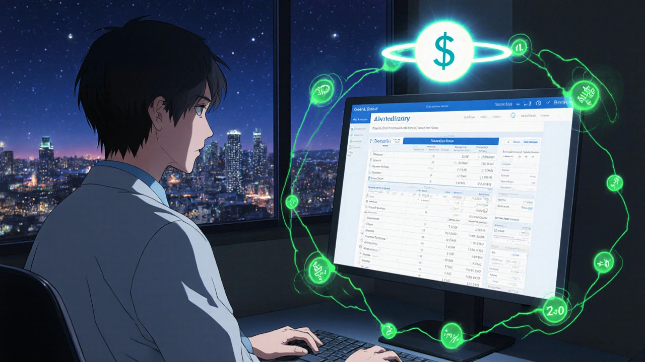 医師が2025年のメディケア上限,000を示す光のハローを見つめ、AIの予測データが周囲に流れる夜の診療室。