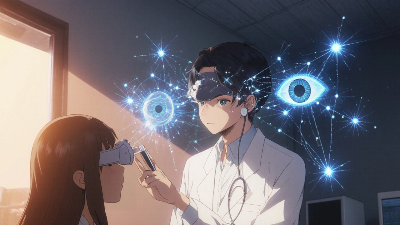 医師がVNGヘッドセットで患者の目動きを観察し、 hologram の眼振パターンが浮かぶ診察室。