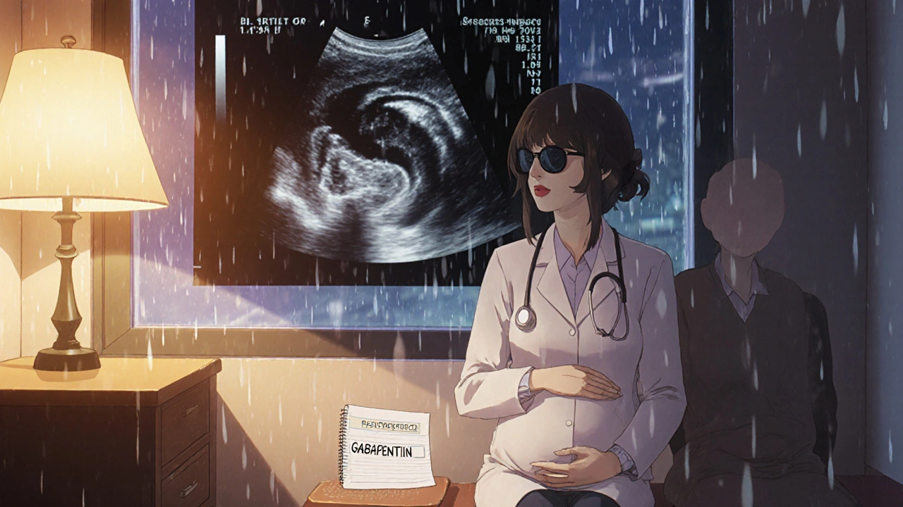 医師と妊婦が超音波画像を見ながら、雨の窓辺で静かに話し合う情景。