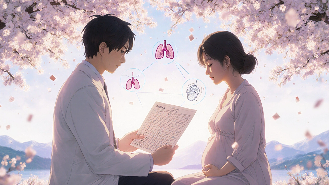 医師と妊婦が桜の下で妊娠中の薬の使用ガイドを共有している様子。