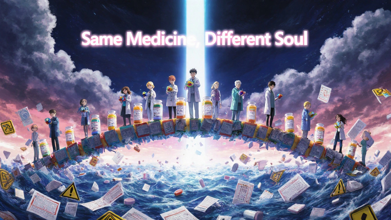 子どもから高齢者までが薬の瓶でできた橋に立ち、異なる色の薬を手にし、空には『同じ薬、違う魂』という言葉が浮かぶ。