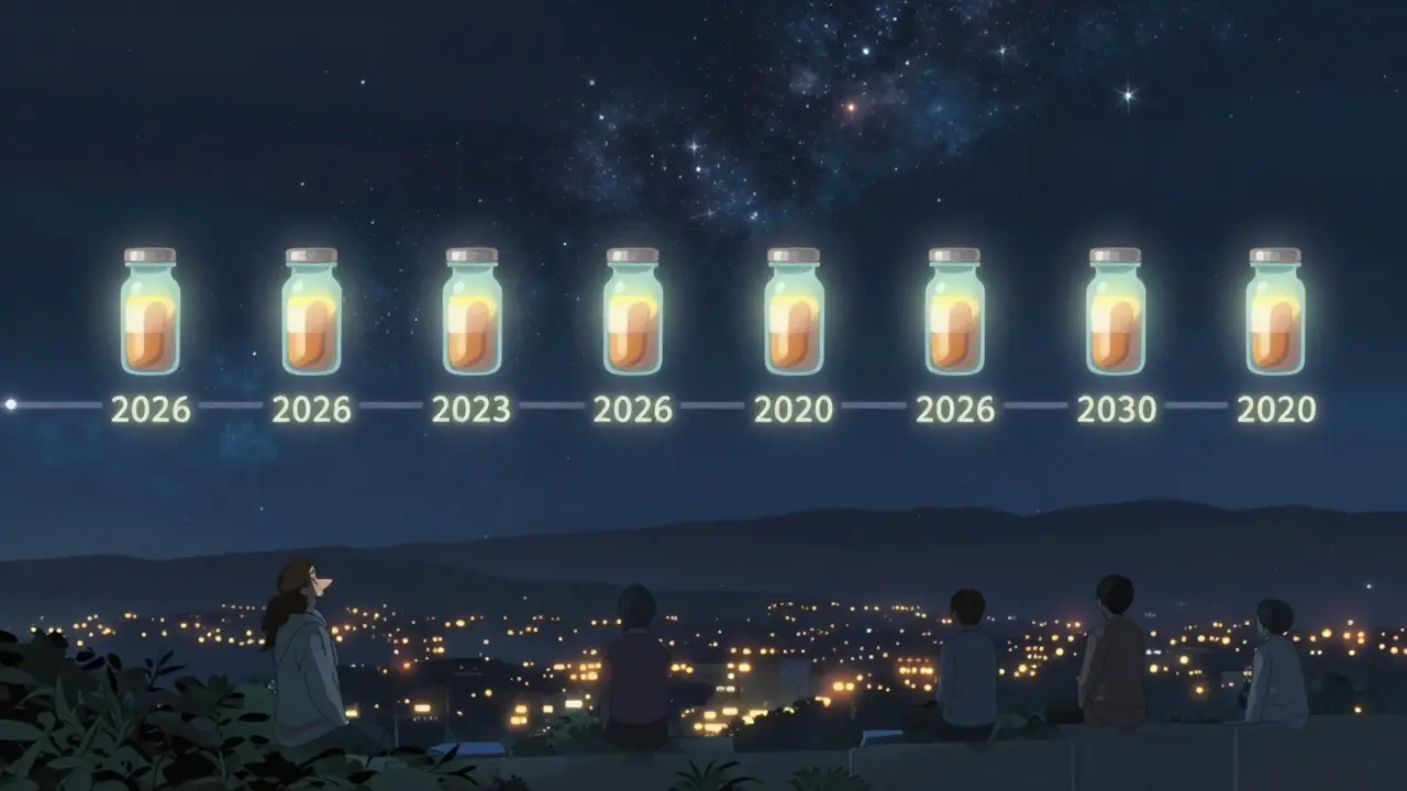 2026年から2030年にかけて拡大するメディケア薬価交渉の星の時間軸と、患者のシルエット。