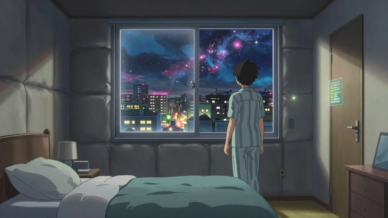 2階の寝室で、窓にロックが施され、夢遊中の人物が壁のクッションに囲まれて歩いている。