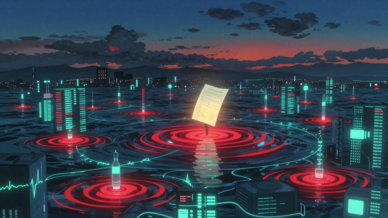 AIが患者データの異常を検出するデジタルな海のイメージ。