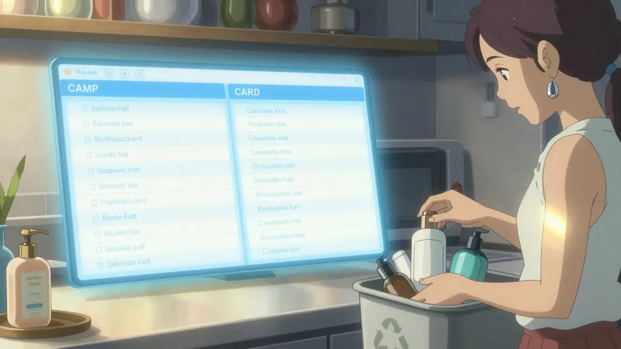 安全な製品リストが浮かぶデジタルインターフェースと、捨てられる化粧品の様子。