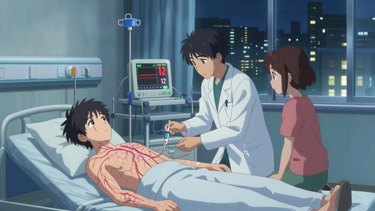 病院の救急室で医師が薬を投与中。モニターにはINR値が12と表示され、家族が涙を浮かべて見守っている。