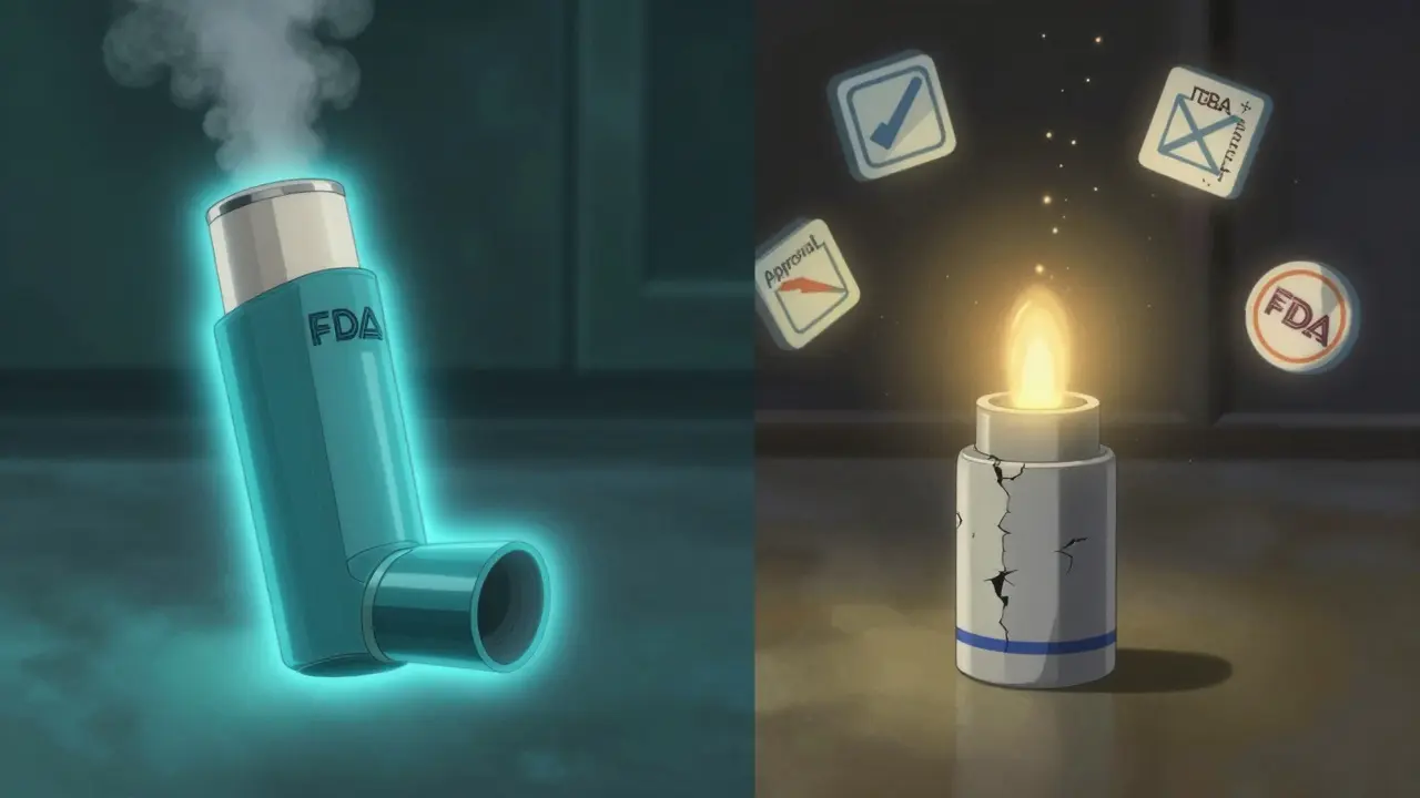 ブランド吸入器とジェネリック吸入器の比較、一方は輝き、他方は劣化している。