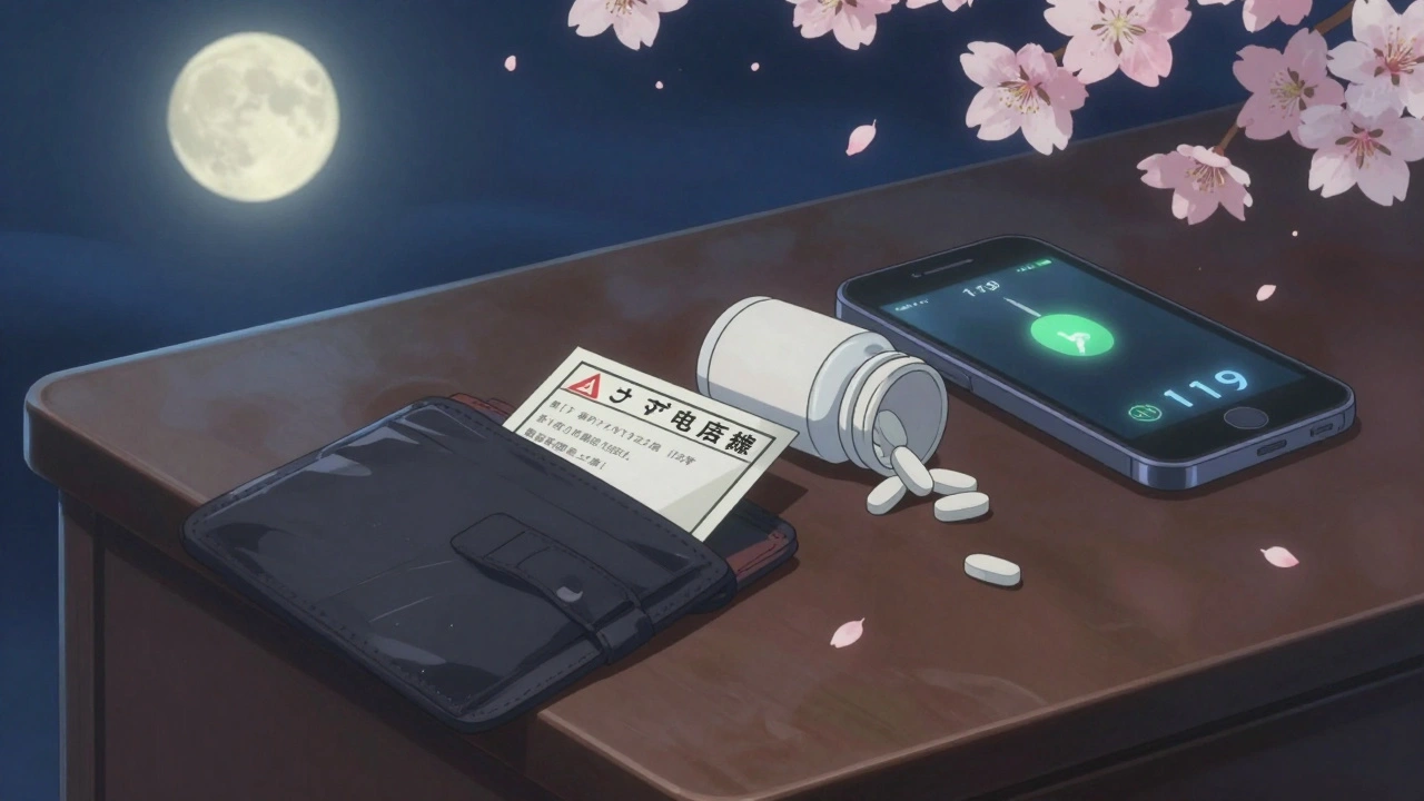 財布の中の警告カードと救急通報の画面が月明かりに照らされる。