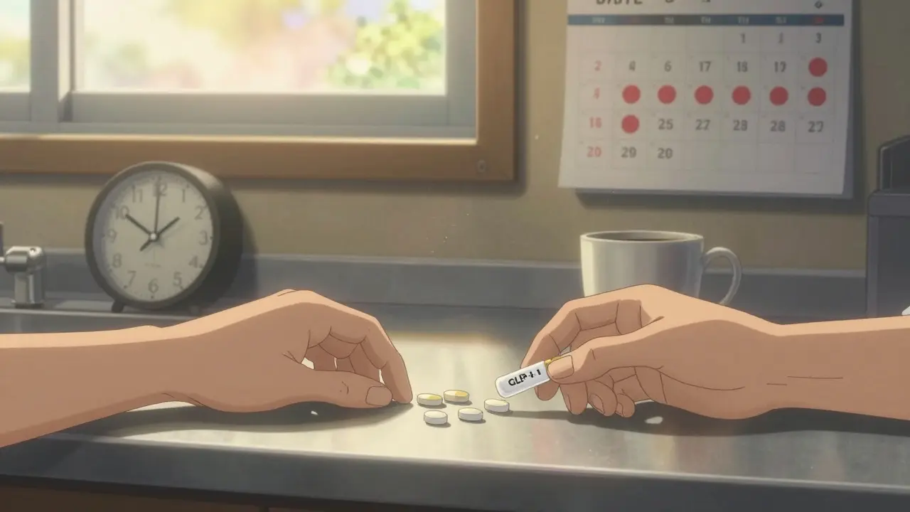 朝の台所で抗うつ薬と減量薬を手に取る二人の手と、血圧チェックのカレンダー。