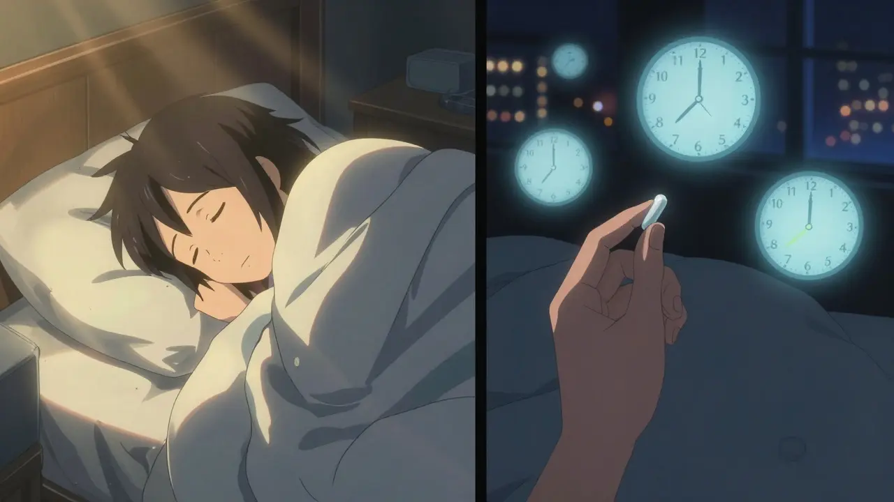 朝と夜の対比、0.5mgのサプリと時計が浮かぶ暗い部屋で人物が薬を手に持つ