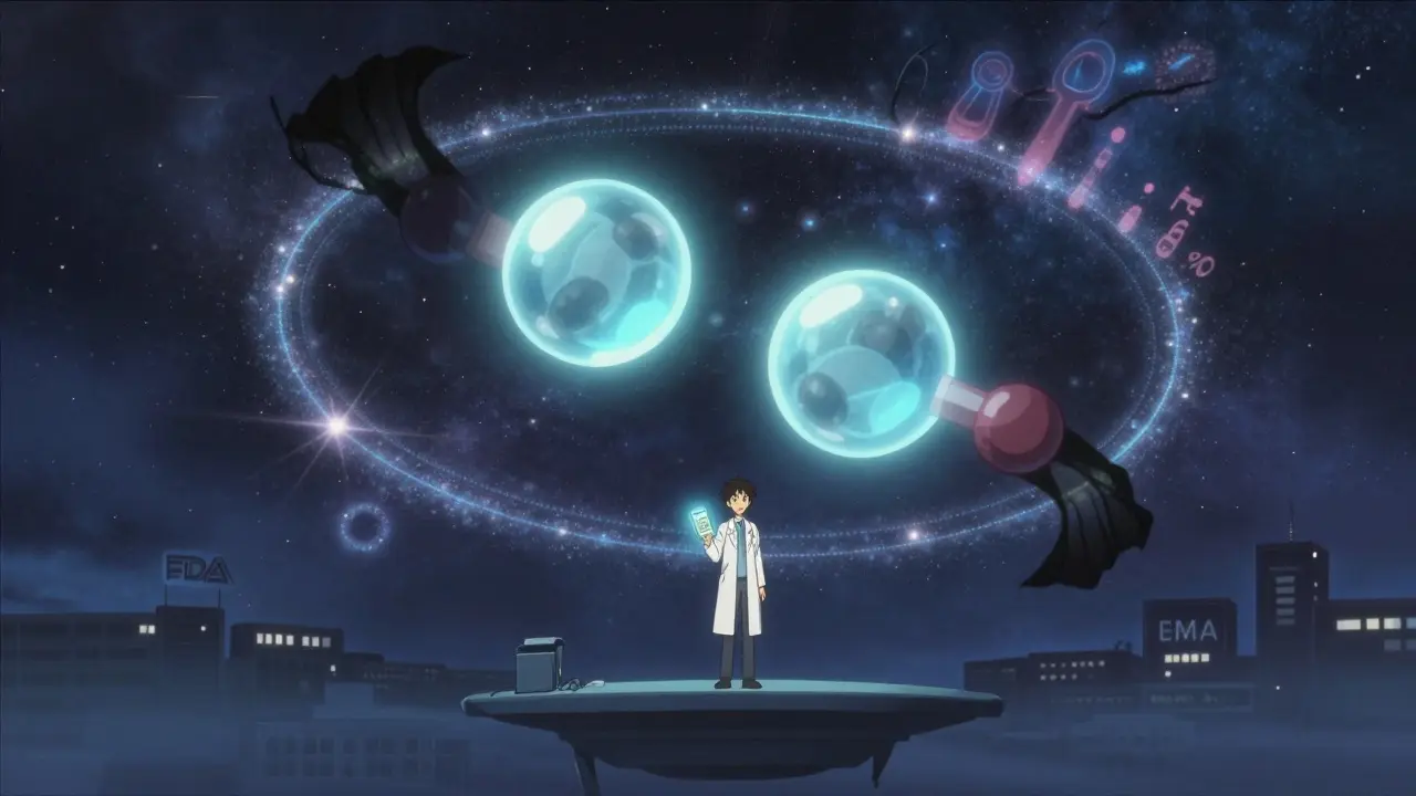 二つの薬物分子が等価性の輪の中で回転し、科学者がチェックリストを握る宇宙的な風景。