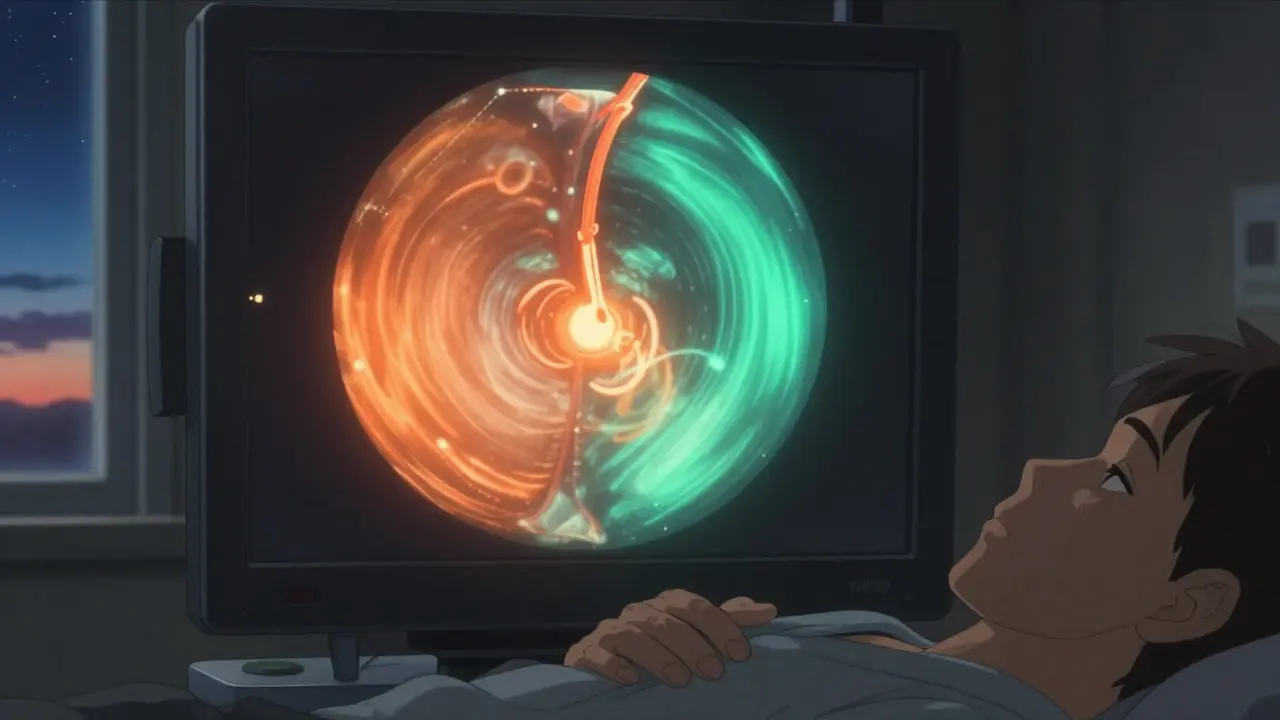 フロロスコピー画面に映るラジオ波針が神経を温める様子、暖かい光の波紋が広がる。