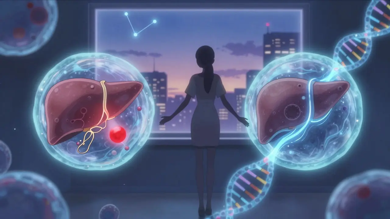 肝臓細胞の左側でシムバスタチンが警告を発し、右側ではプラバスタチンがスムーズに吸収される様子。