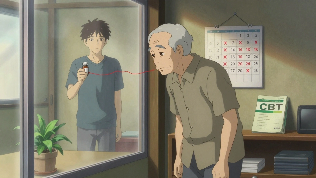 高齢者の反射に映る過去の自分、薬の使用期間を示すカレンダー。