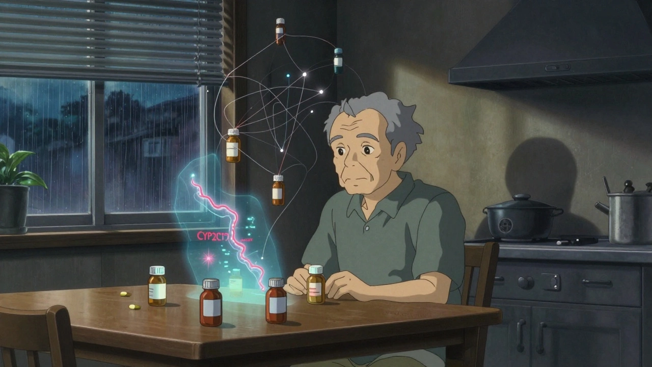 高齢者の周りに多数の薬瓶が浮かび、遺伝子の hologram が赤く点滅している。