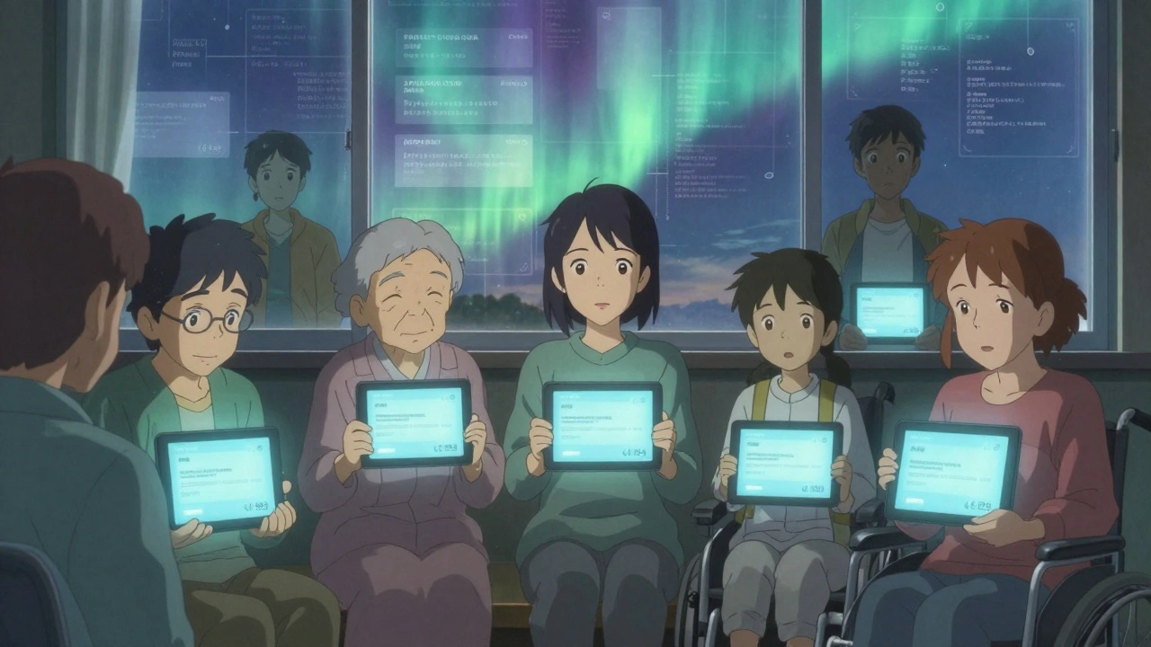 高齢者や障がい者たちがタブレットでアクセス可能な電子版PMIを閲覧している。