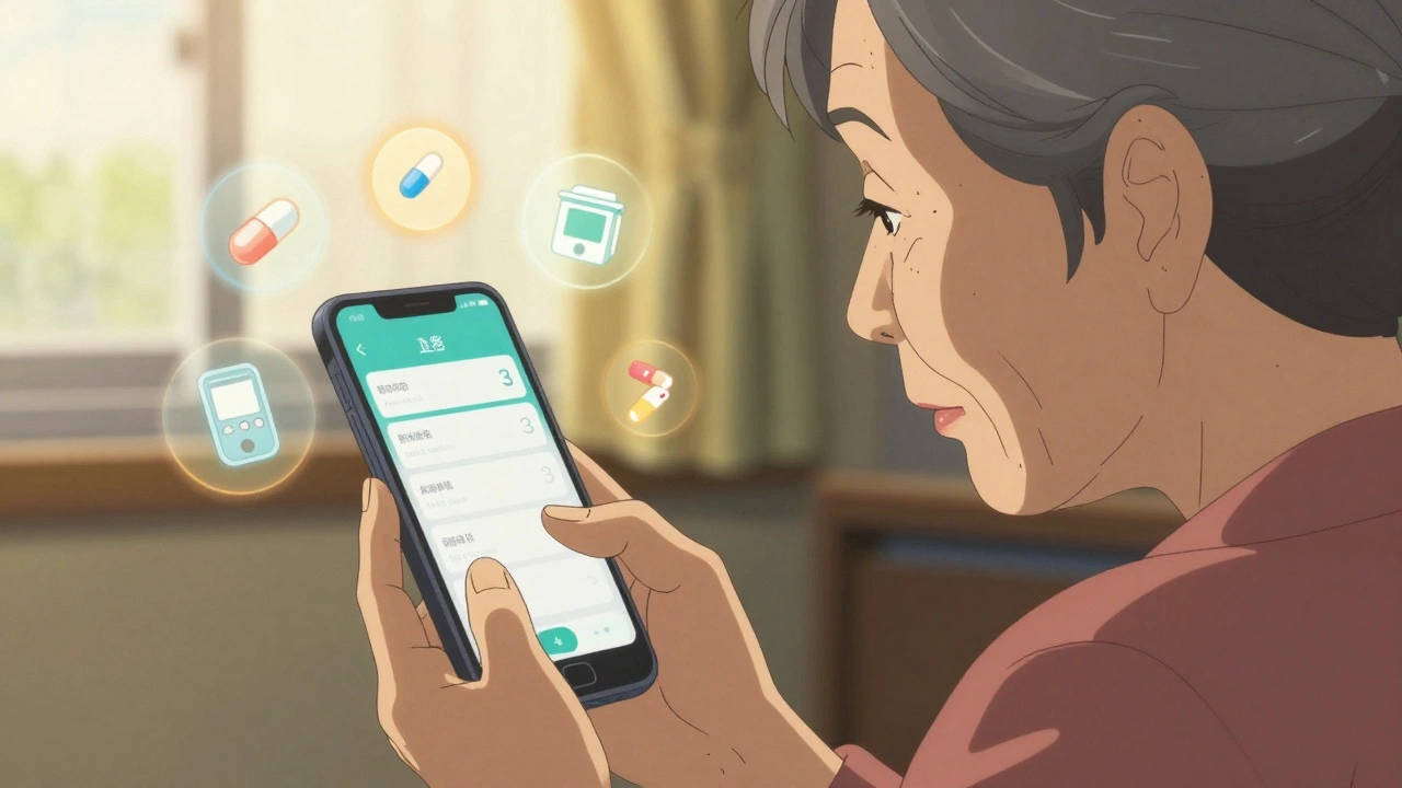 高齢の女性がスマホで体調を記録している様子。