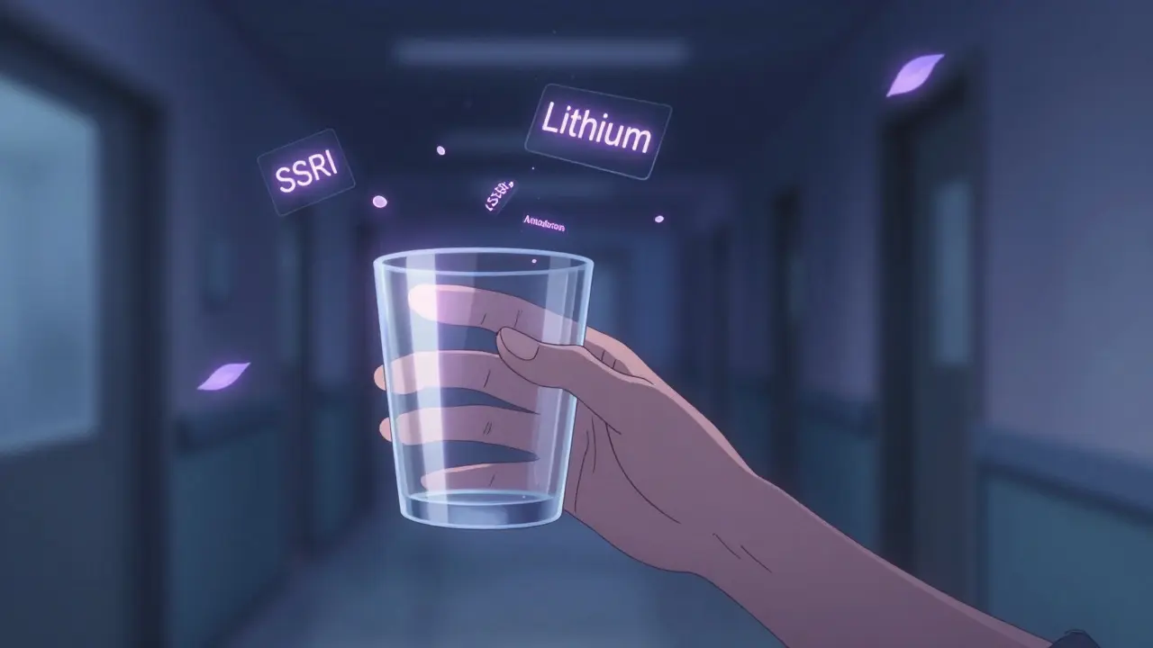 ガラス杯を手に取ろうとする女性の震える指と薬の名前が浮かぶ光の粒子。