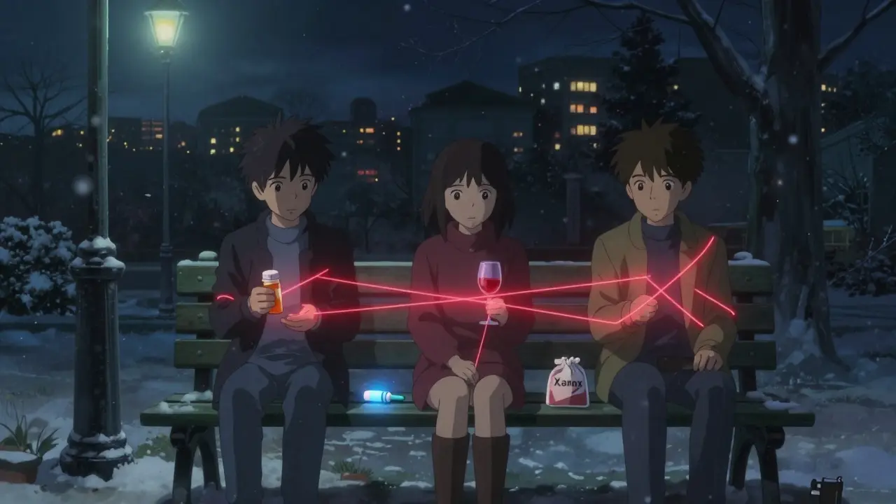 公園のベンチに置かれたナロキソン注射器と、危険な薬のつながりを示す光の線