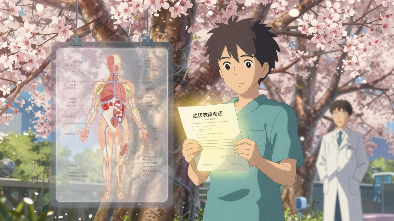 患者がアレルギー証明書を手に、桜の下で静かに立っており、体の安全経路が光で示されている。