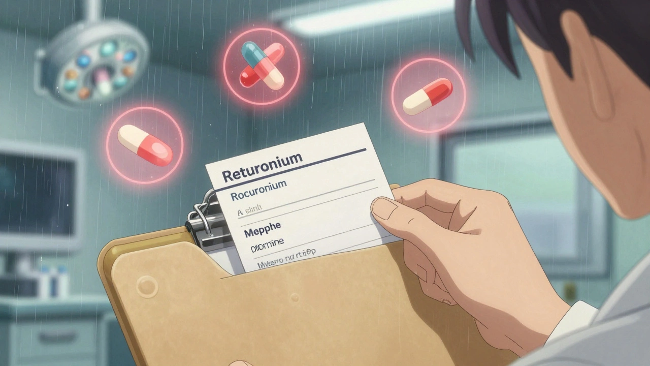 患者の手がアレルギー情報カードを医師に渡す瞬間、薬の名前が光の輪で浮かび上がっている。