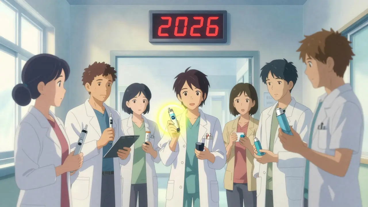 患者と薬剤師が複合製品を手にし、2026年のカウントダウン時計が背景に見える。