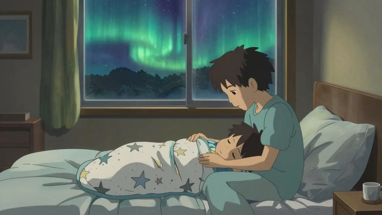 家族が寝袋に包まれた子供を優しくベッドに戻している、安心感あふれる夜の光景。