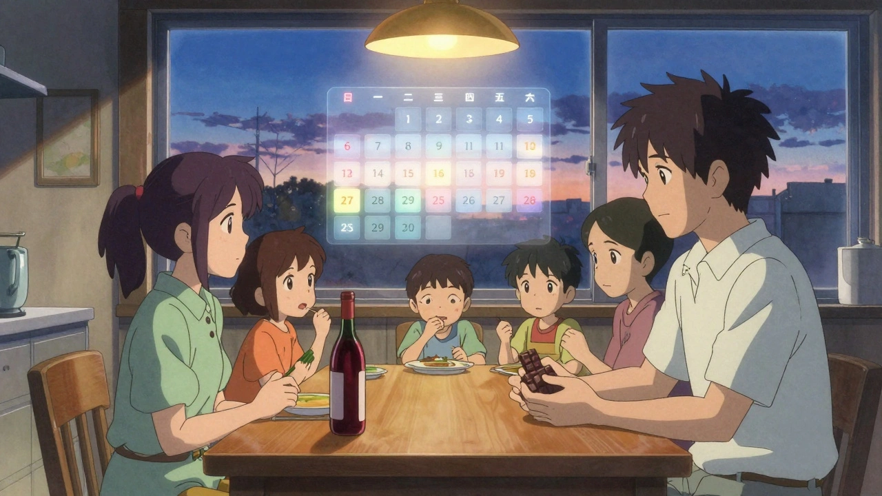 家族と夕食を共にする患者、14日間のカレンダーが空中に浮かび、赤ワインがテーブルから取り除かれている。