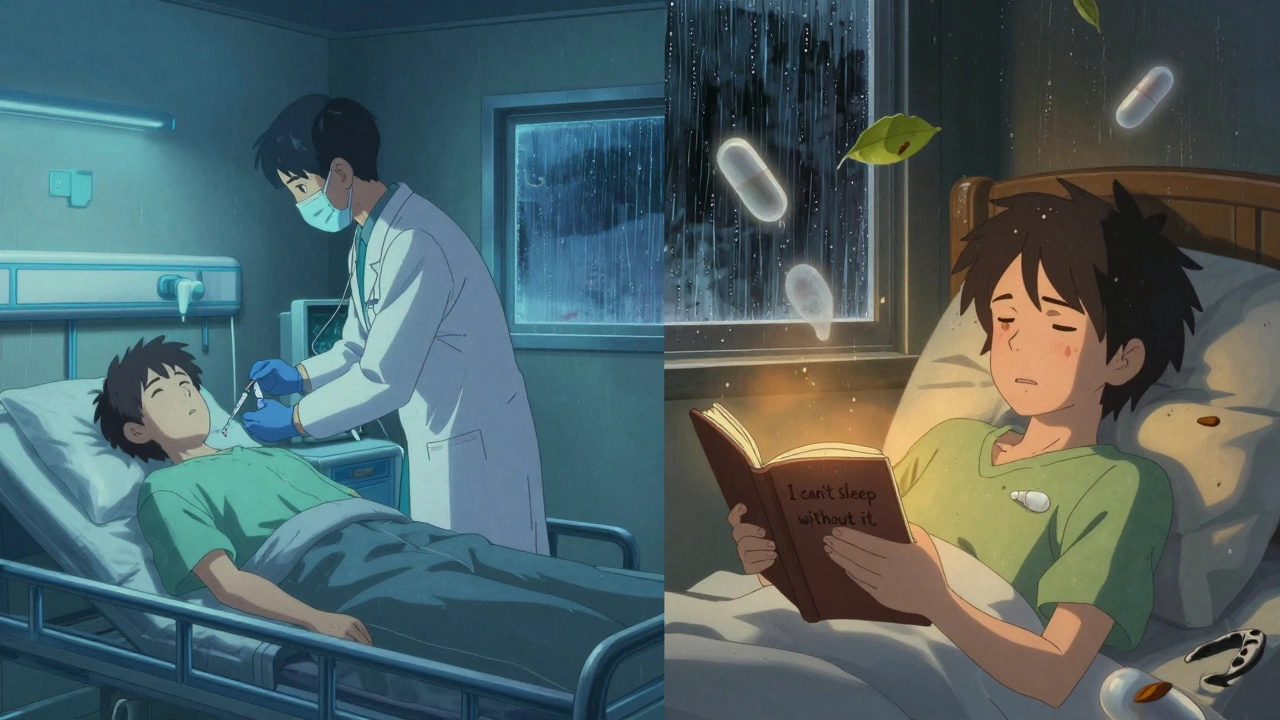 救急室の緊急処置と、自宅で薬に依存する日々の対比。