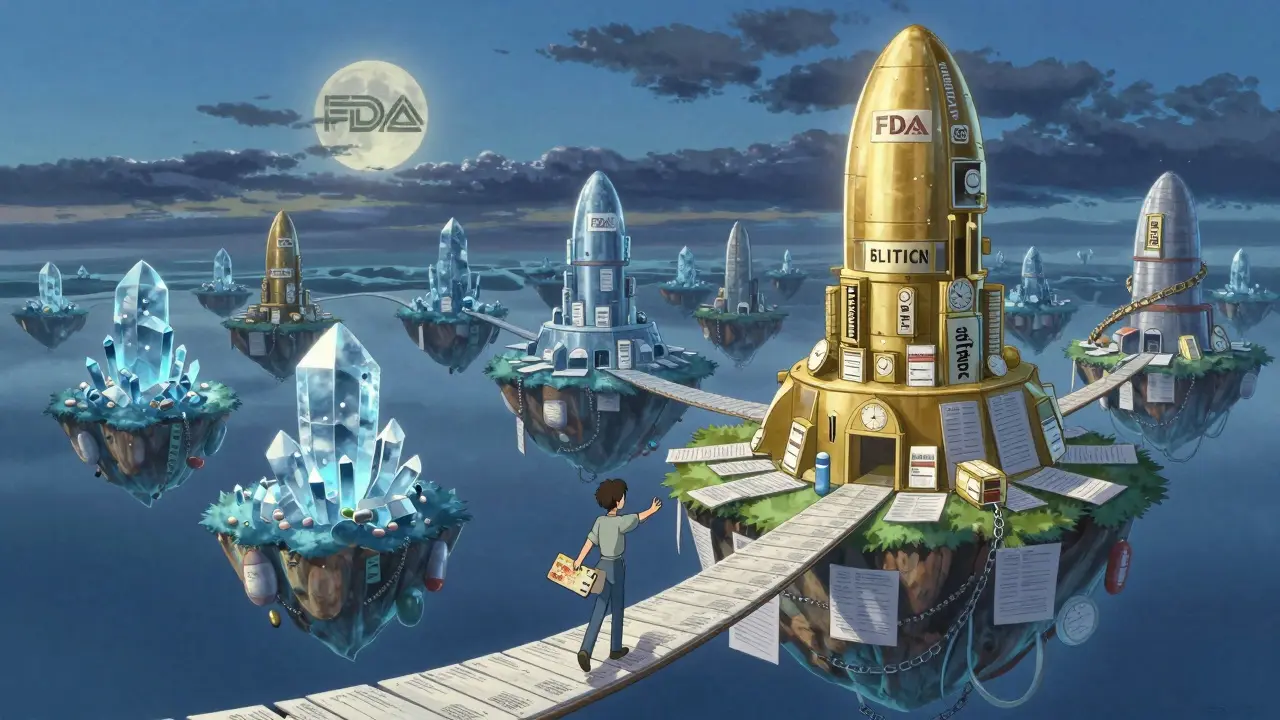 空に浮かぶ薬の島々と、ジェネリックへ向かう処方箋の橋を歩く人物。