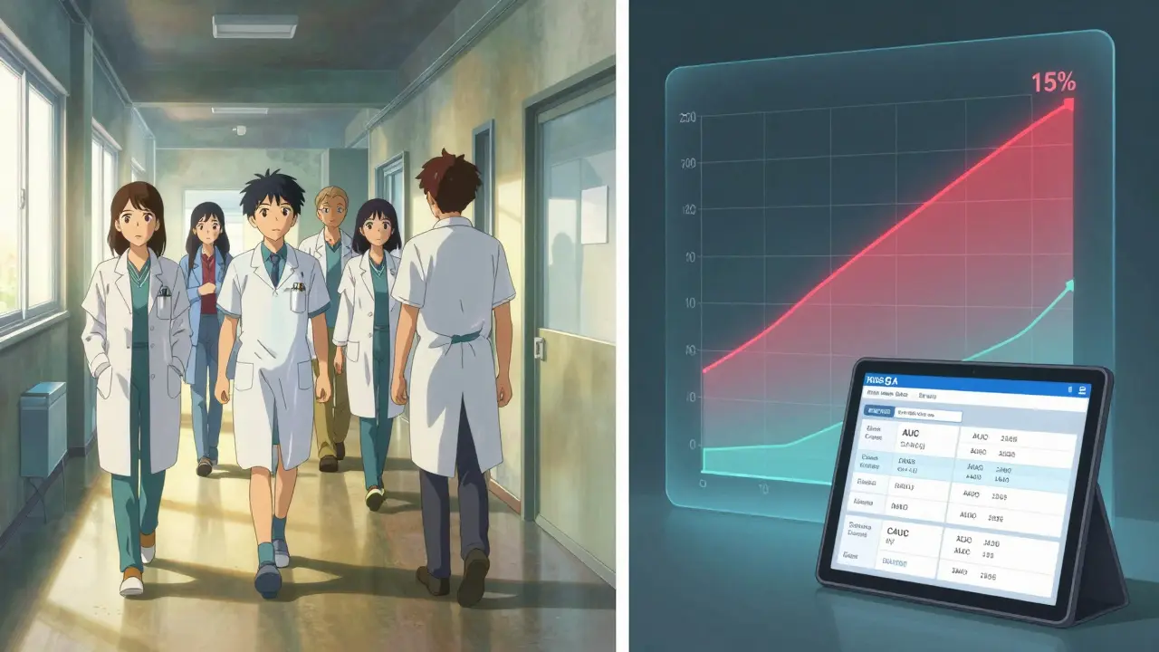 臨床試験参加者が歩く様子と、ドロップアウト率のデジタルオーバーレイが重なる二重構成。