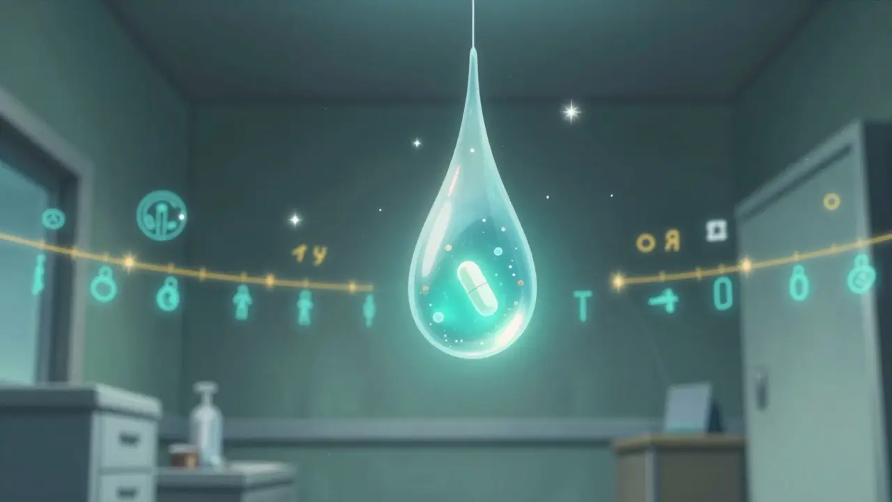 脳脊髄液の滴の中に薬と白血球が浮かぶ夢幻的な医療シーン。