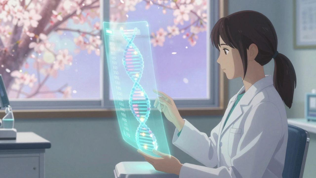 女性在診所前觀看個人基因組 hologram，櫻花飄落，象徵精準醫療。