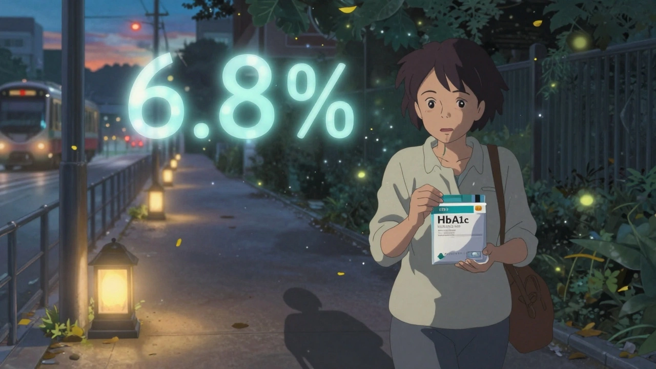 女性が夕暮れの街を歩き、浮かぶHbA1c数値が風に消えていく様子。